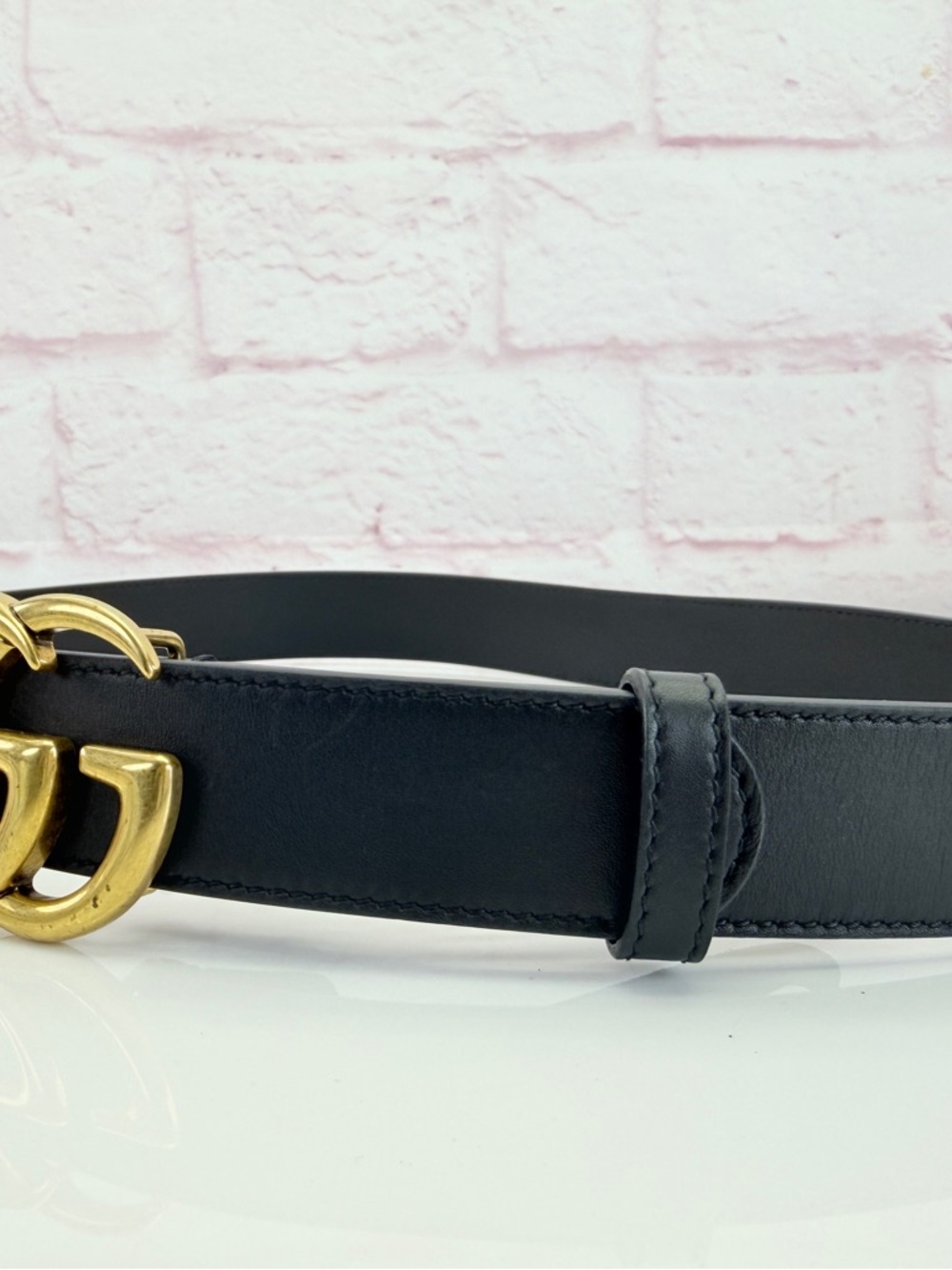 Authentic Gucci Slim Leather Marmont Gg Double Mens Belt Black 80/32” 414516 - Picture 3 of 11
